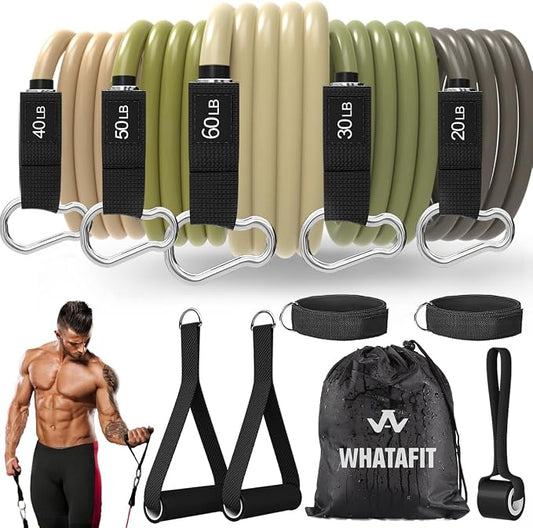 WHATAFIT Resistance Bands with Handles, 5-Level Exercise Bands for Workout | Natural latex,10-50 lbs, stackable to 150,Ankle Straps, Door Anchor,Guide. For Strength, Yoga,Home Gym,Travel & Workout.