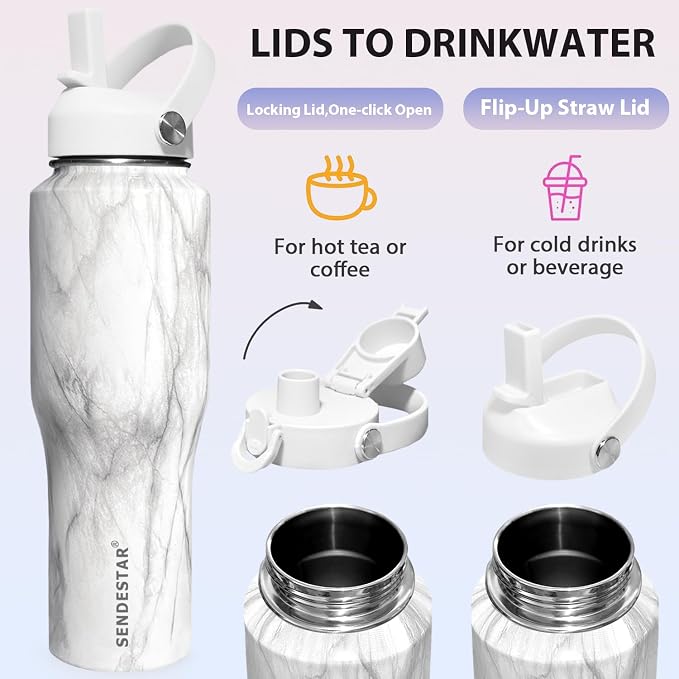 SENDESTAR 32oz Water Bottle Wide Mouth Stainless Steel Vacuum Insulated Double Wall with 2 Straw Lids Fit in Any Car Cup Holder