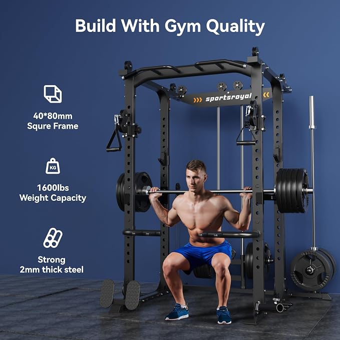 Sportsroyals Power Cage, 1600LBS Squat Rack with Cable Crossover System | Power Rack with LAT Pull Down System, Workout Cage with Pulley System for Fitness Home Gym Strength Training