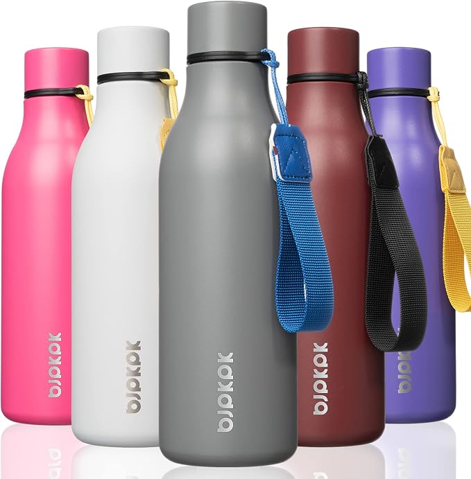 BJPKPK 18oz Insulated Water Bottle, Stainless Steel Bottle with Carry Strap | Keep Cold & Hot Vacuum Insulation, Leak-Proof BPA-Free Design, Slim Bottle Fits Most Cup Holders for Gym, Office & Travel