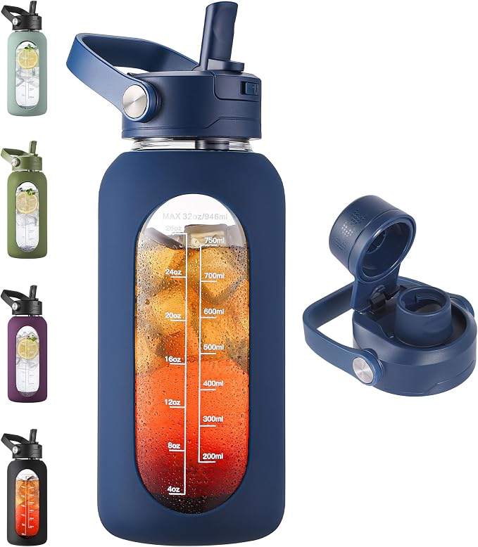 CIVAGO 32 oz Glass Water Bottle with Detachable Straw and Time Maker | Motivational Large Flask Cup with Handle, Leakproof Lids, Wide Mouth, Silicone Sleeve, Tumbler for Juice, Navy