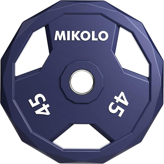 Mikolo Olympic Weights Set 2-Inch Rubber Coated Plates, 12-Sided Non-Roll Weight Plates Grip with 3 Handles for Home Gym, Strength Training, Single, Pair and Sets(5/10/15/25/35/45 LB)