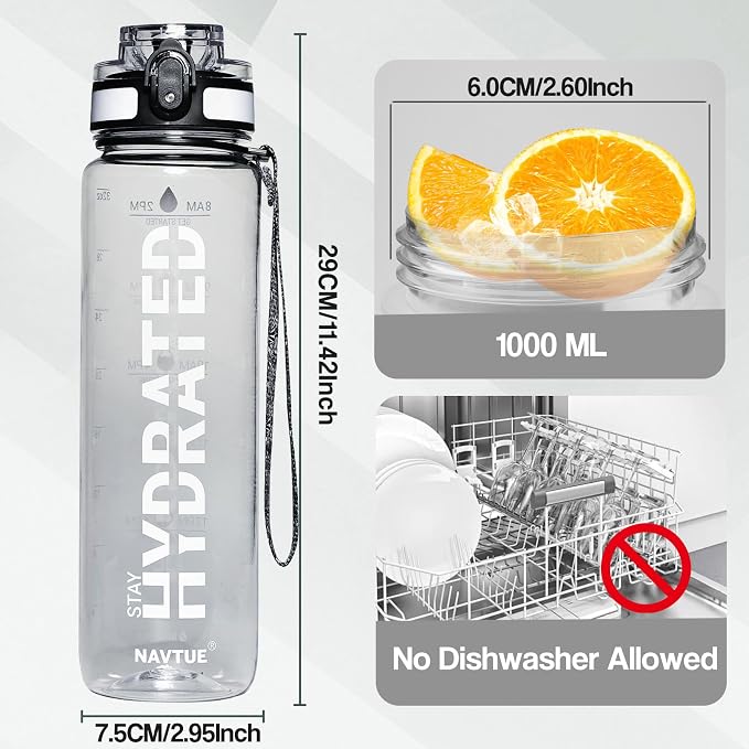 Water Bottle 32 oz Motivational Time Marker Tritan Bottle | BPA-free Tritan water bottle with time marker leakproof Lightweight portable Easy Clean Brush for Gym, Travel, School, Office