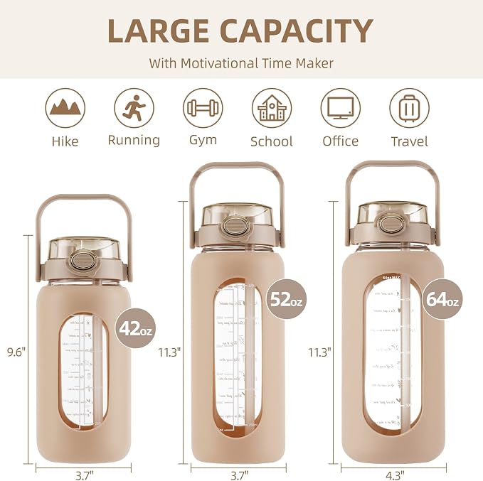 42 oz Glass Water Bottle with 2-in-1 Straw Lid Large Half Gallon Water Bottle with Time Marker & Removable Silicone Sleeve,Wide Mouth BPA-Free Borosilicate Bottle for Gym, Workout & Daily Use
