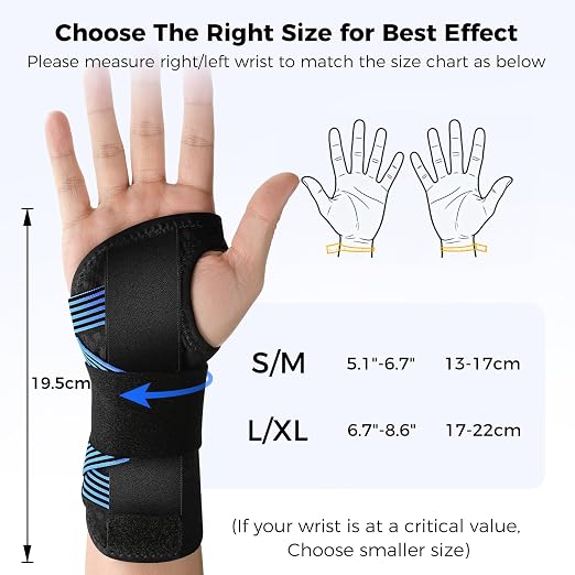 Carpal Tunnel Wrist Brace with Removable Splints, Breathable Wrist Support for Men & Women, Night & Work Support, Pain Relief, Tendonitis, Sprain, Rigid Hand Brace for Arthritis, Right Hand (S/M, Black/Blue)