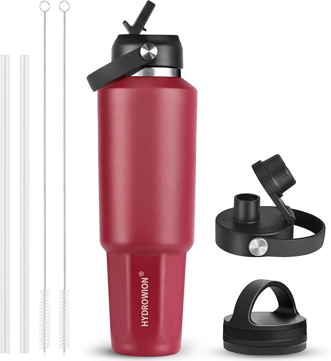 HYDROWION 32 oz Insulated Water Bottle, Car Water Bottle Holder - Double Wall Vacuum Insulated Travel Bottle with Straw Lid, Spout Lid and Flex Cap - Cold for 24H, Hot for 12H, Blue - Red
