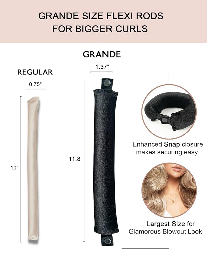 Grande Heatless Curls Overnight Rods - Upgraded Directional Grip Velvet - No Heat Hair Curlers to Sleep, Jumbo Large Hair Rollers Flexible Curling Rods Set for Long Thicker Coarser Hair Blowout Look