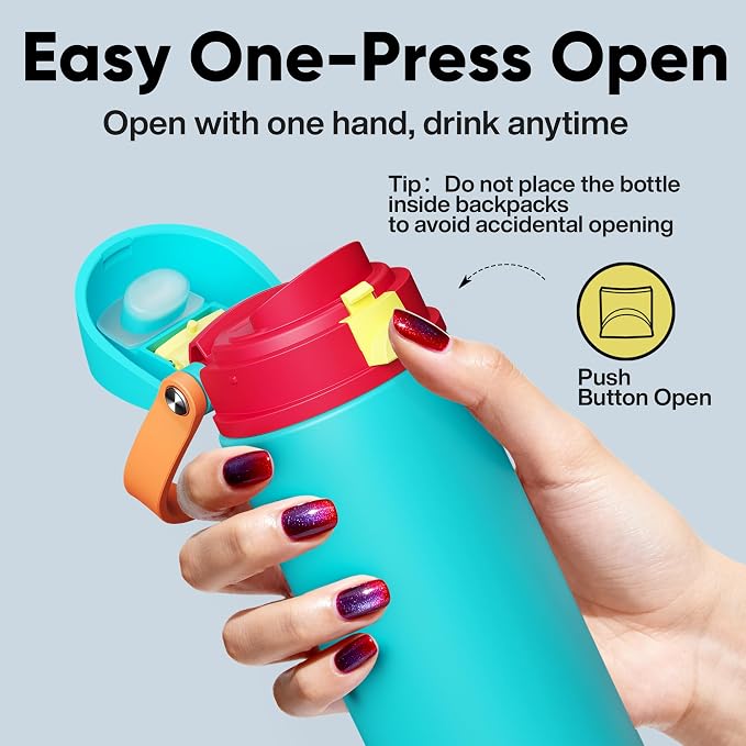 Insulated Water Bottle with Straw - Encool Stainless Steel Water Bottle with Push Button Lid, Leak-Proof & BPA-Free, Keeps Cold for 24 Hours for Sports, Travel, Gym (24 oz, Cerulean Blue)