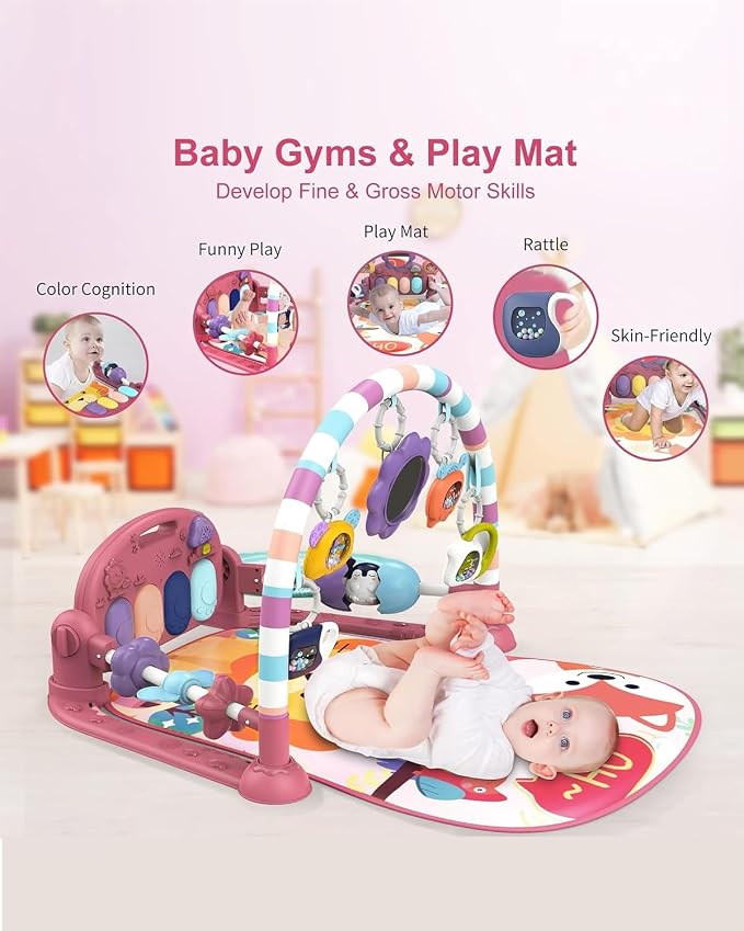 dearlomum Pink Lion Theme Baby Play Mat Gym with Kick & Play Piano | Tummy Time Activity Mat with 5 Infant Sensory Toys, Music and Lights, Boy & Girl Gifts for Newborns 0 to 3 6 9 12 Months