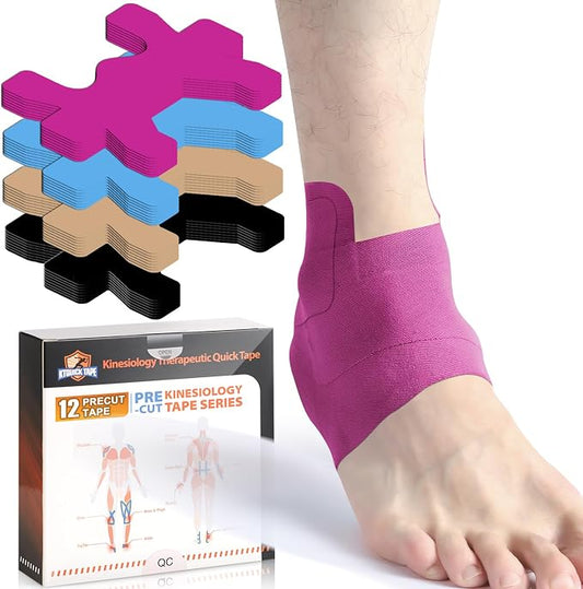 KTQUICK Precut Kinesiology Tape for Ankle,12PCS,20% Stronger Adhesive,Pink | Ankle Support Tape with Premium Cotton, Breathable, Waterproof, Latex-Free Athletic Tape for Running, Training & Hiking