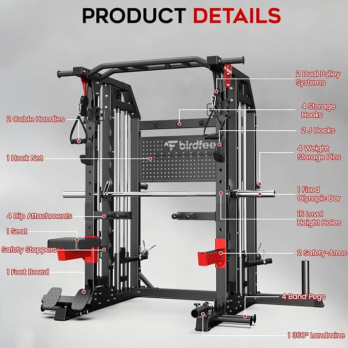 Multi-Function 2000LB Power Cage Smith Machine, Dual Pulley Cable Crossover | Home Gym Squat Rack Featuring LAT Pulldown, Power Rack with Olympic Bar & Strength Training Attachments, Pegboard