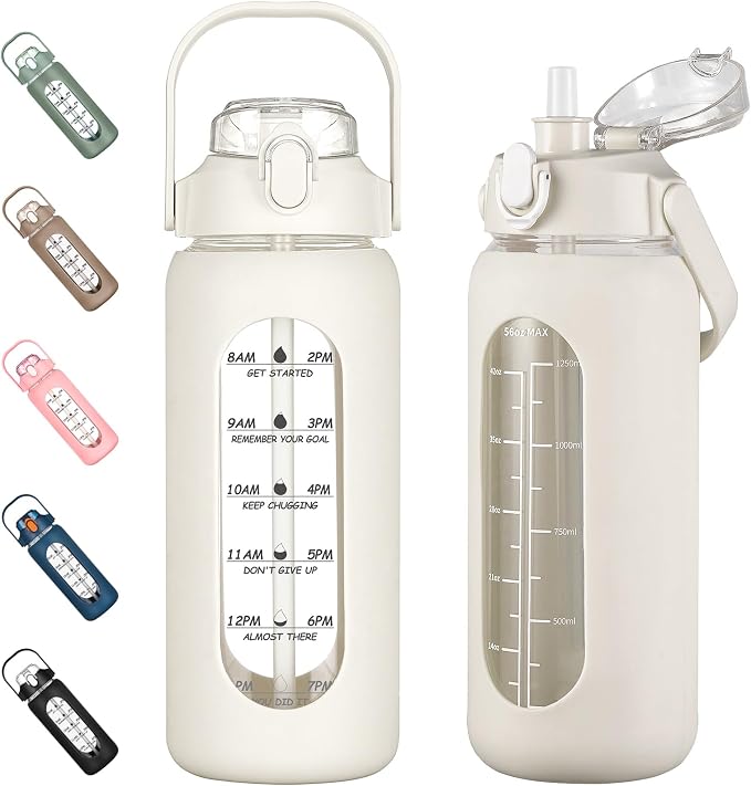 56oz Glass Water Bottles with Straw, Motivational Glass Bottle with Silicone Sleeve and Time Marker, Leakproof Large Glass Water Jug for Gym Home Office,White