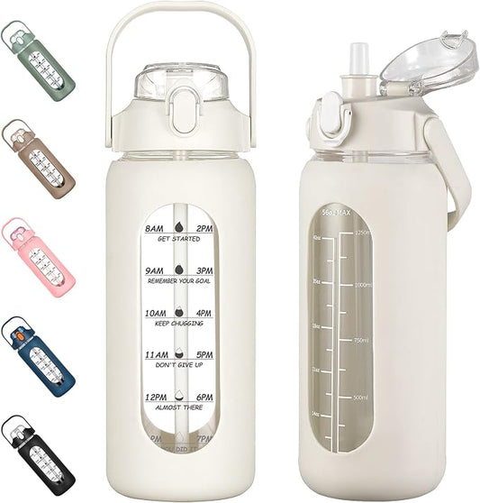 56oz Glass Water Bottles with Straw, Motivational Glass Bottle with Silicone Sleeve and Time Marker, Leakproof Large Glass Water Jug for Gym Home Office,White