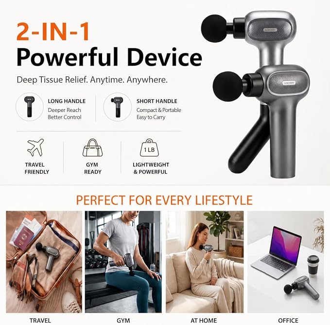 AxBerry Massage Gun, Deep Tissue Percussion Massager with Heat & Detachable Extension Handle, Handheld Muscle Massager for Back, Neck & Shoulders Pain, Portable Massage Gun, Muscle Gun