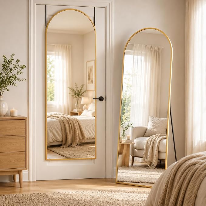 Full Length Mirror, 58"x21" Arched Floor Mirror Freestanding, Floor Standing Full Body Mirror with Stand for Bedroom, Hanging Mounted for Living Room Cloakroom, Gold