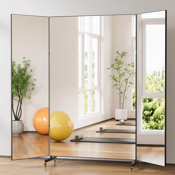brisafe NanoMirror Non-Glass Ultra-Light Foldable Home Gym on Wheels, 63"x71" Extra Large Full Body Unbreakable Shatterproof Mirror, 360° Swivel for Yoga, Dance, Fitness Studio & Home Gym, White