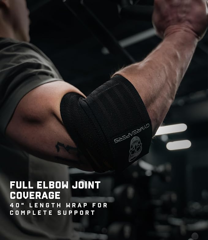 Gymreapers Weightlifting Elbow Wraps (1 Pair) - Flexible 40'' Elbow Compression Strap & Joint Support Brace - for Bench Press, Powerlifting, and Pressing
