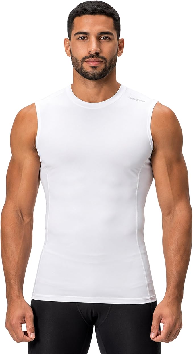 DEVOPS 3 Pack Men's Compression Shirts Sleeveless Tank Top Baselayer | Gym Training, Running, Moisture Wicking, Compression Fit, 4-Way Stretch, UPF 50+, Sleeveless