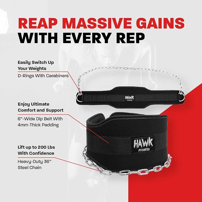 Hawk Sports Dip Belt with Chain for Bodyweight Exercises, Black 6" Padded Weightlifting Belt with 36" Steel Chain and D-Ring Carabiners, Lift 300 lbs. of Dumbbells, Kettlebells, or Weight Plates