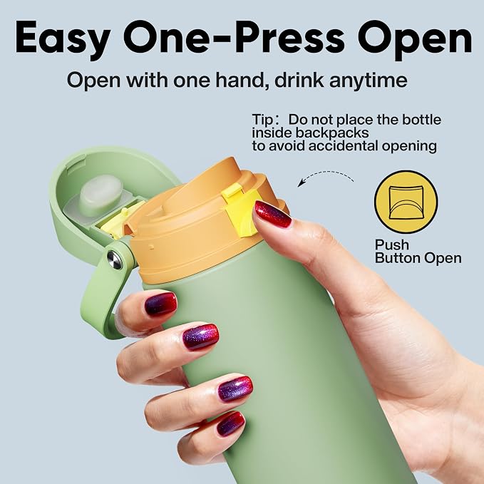 Insulated Water Bottle with Straw - Encool Stainless Steel Water Bottle with Push Button Lid, Leak-Proof & BPA-Free, Keeps Cold for 24 Hours for Sports, Travel, Gym (18 oz, Lichen-Yellow)
