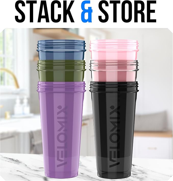 VELOMIX 6 Pack 28oz Protein Shaker Bottle, Dynamic Fuel Series | 6x Wire Whisk, Leak Proof Shaker Cups for Protein Shakes, Stackable, Dishwasher safe, BPA free, Pre Workout and Gym ready