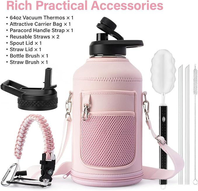 DYSANKY Insulated Water Bottle | Thickened Stainless Steel Vacuum Metal | Portable Sports Half Gallon Large Water Jug for Gym and Hiking with Straw, Carrier Bag, Handle Strap | BPA-Free 64 oz