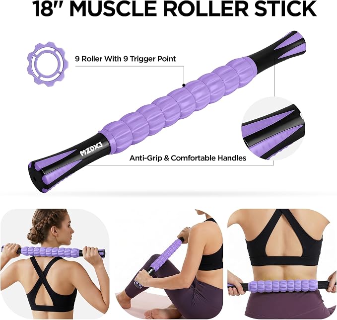 Muscle Roller & Massage Roller Stick for Athletes - Lymphatic Drainage Support, Relieves Muscle Soreness, Cramping & Tightness - Targets Legs, Arms, Back & Calves （Purple Wheel）