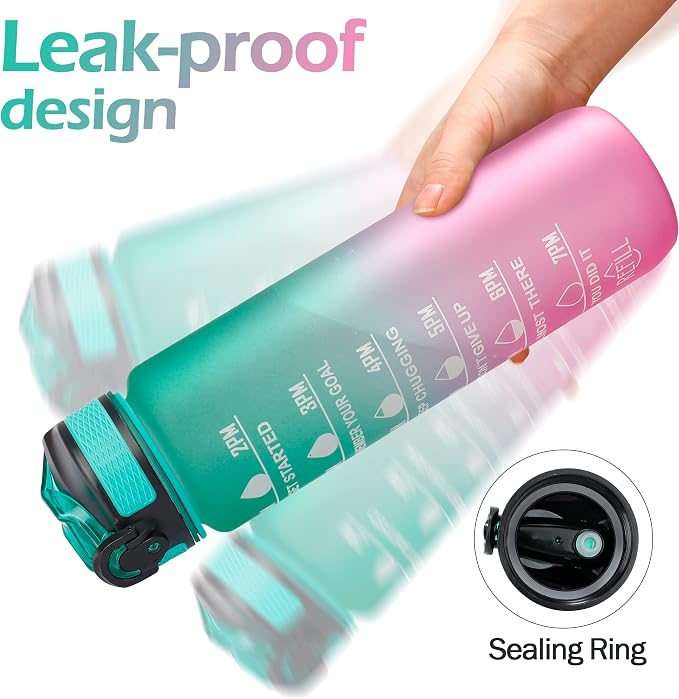 YC Kitchen Motivational Water Bottle with Time Marker - 32oz, Leak-proof BPA Free Sports Water Bottles with Straw & Carrying Strap