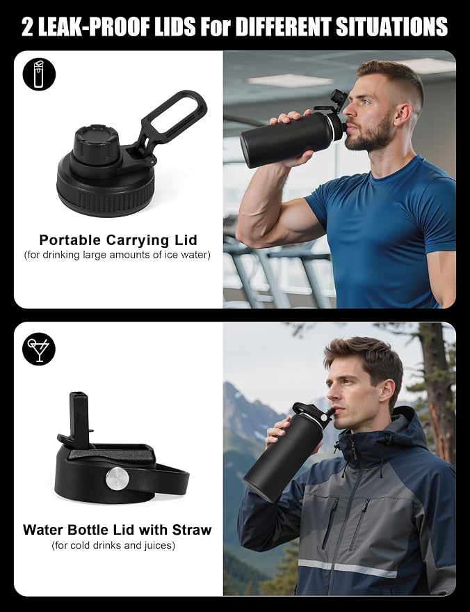 Tactical Water Bottle with Straw, 32 Oz Insulated Water Jug with Molle Water Bottle Holder, Stainless Steel Sport Bottle with 2 BPA Free Lids for Gym Workout Hiking (32oz-Black)