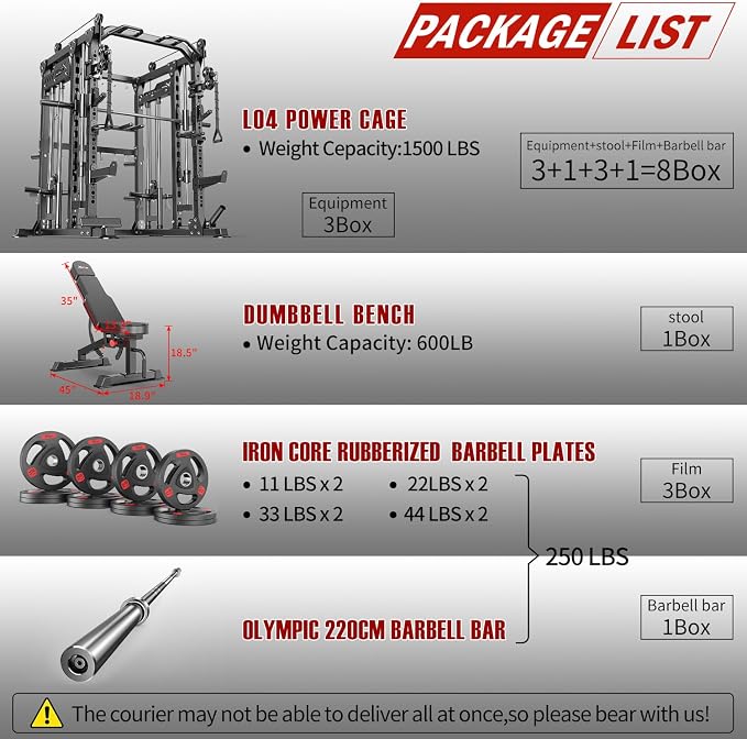 Smith Machine with Cable Crossover System, Multi-Function Power Cage Squat Rack for Home Gym, Power Rack and Packages Weight Sets.