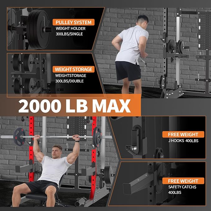 GarveeLife Power Cage, 2000LB Power Rack with Dual Independent Pulley System, Squat Rack with Adjustable Cable Crossover, Multi-Function Home Gym Workout Machine for Home