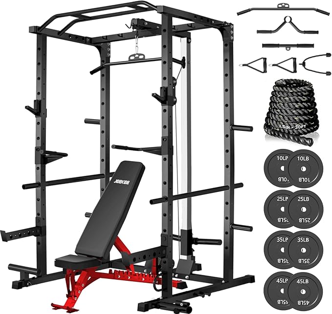 JEEKEE Power Rack with LAT Pulldown, 2000LBS Power Cage with Cable System, Multi-Function Squat Rack with J-Hooks, Safety Bars, Landmine, Pull Up Bar & Attachments for Home Gym Strength Training,Black
