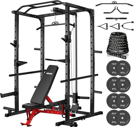 JEEKEE Power Rack with LAT Pulldown, 2000LBS Power Cage with Cable System, Multi-Function Squat Rack with J-Hooks, Safety Bars, Landmine, Pull Up Bar & Attachments for Home Gym Strength Training,Black
