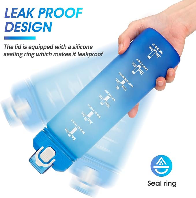 YC Kitchen 32oz Motivational Water Bottle with Straw & Carrying Strap | Leak-proof BPA Free Sports Water Bottles with Time Marker, with Times to Drink,Fitness, Gym, and Outdoor Sports