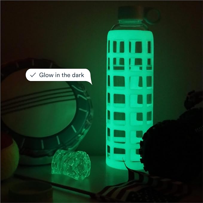 purifyou 40oz / 32oz / 22oz / 12oz Borosilicate Glass Water Bottle with Time & Volume Markers, Silicone Sleeve, Stainless Steel Lid | Reusable Glass Bottle for Water & Juice (32oz Glow-in-the-Dark)