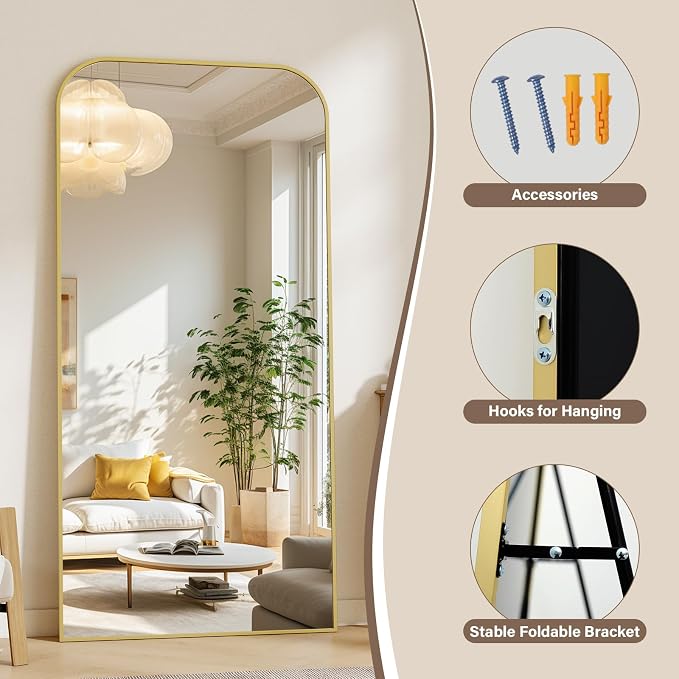 XRAMFY 77x38 Inch Floor Length Mirror with Stand, Full Length Standing Mirror for Bedroom, Full Body Tall Mirrors with Modern Aluminum Alloy Frame in Gold, Home Decor