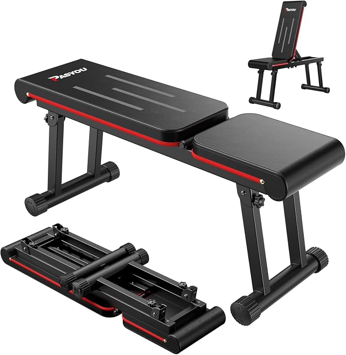 PASYOU Adjustable Weight Bench, 660LB Capacity Foldable Workout Bench, Incline Flat Bench Press for Home Gym, Dual-Frame Strength Training Bench, No Assembly Required, Wider Seat