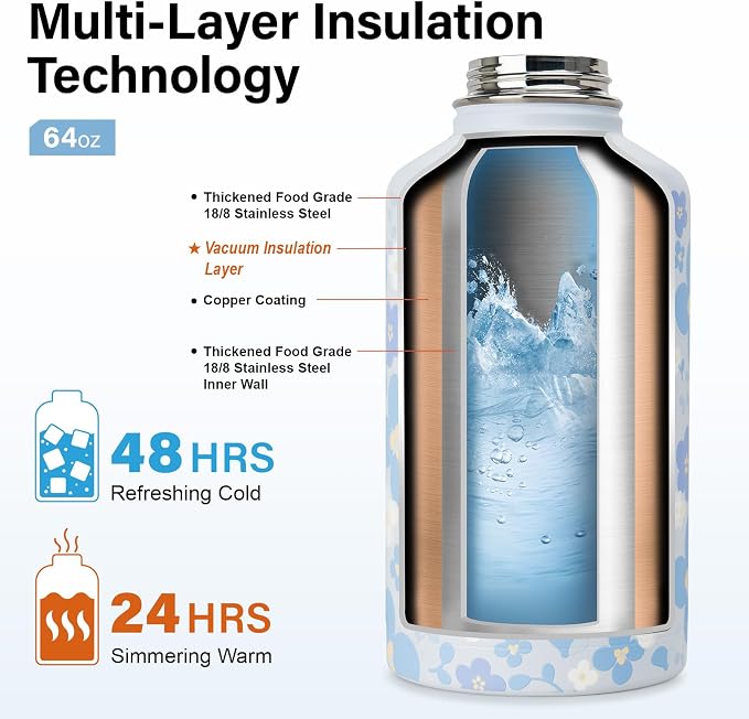 DYSANKY Water Bottle Gift– 64 oz Insulated Stainless Steel Bottle with Carrier Bag, Strap & Gift Box – BPA-Free – Ideal for Hiking, Camping & Travel - Blue Flower 64 oz