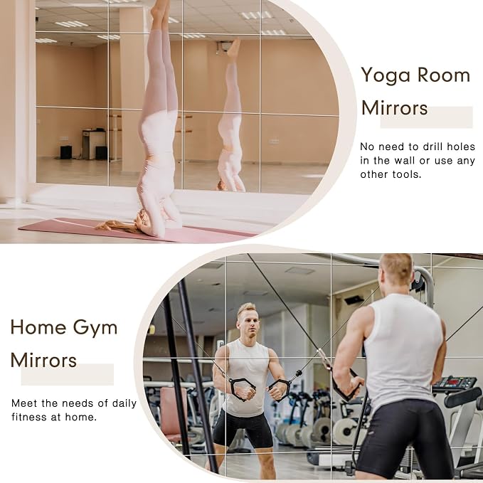 Queekay 6 Pcs Home Gym Mirrors 24'' x 24'' Acrylic Wall Mirror Tiles Sheets 2mm Thick Self Adhesive Frameless Wall Mounted Decor for Workout Bedroom Ceiling
