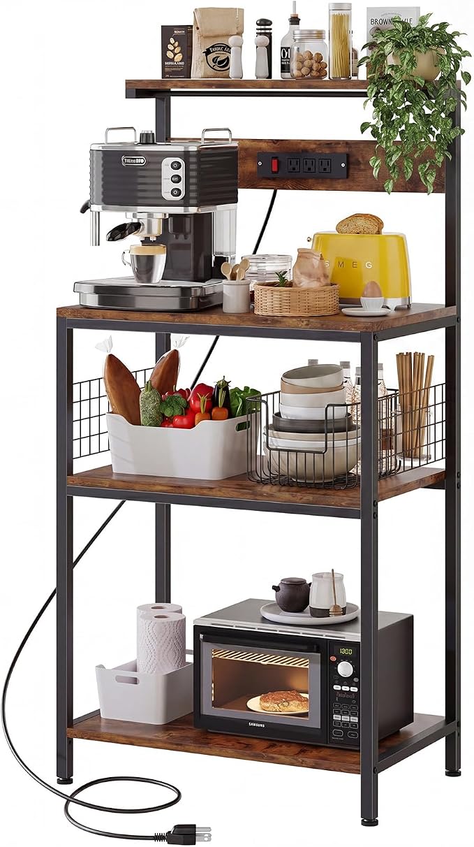 DUMOS 23.6" Bakers Rack with Power Outlet for Kitchen Organization | Microwave Stand with 3 AC Outlets, On/Off Switch and 6.5ft Power Cord, 3 Open Tiers and Adjustable Middle Shelf, Brown