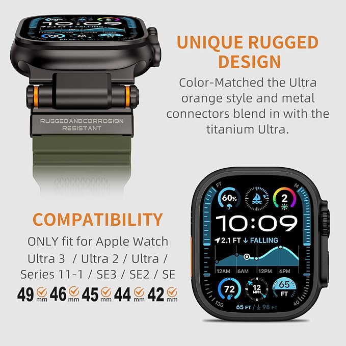 Band Compatible with Apple Watch Ultra 3/2/1 Band 49/46/45/44mm | Metal Connector with Silicone Rugged Strap for iWatch Ultra Series 11/10/9/8/7/6/SE3/SE2/SE/5/4/3/2/1, Army Green/Black
