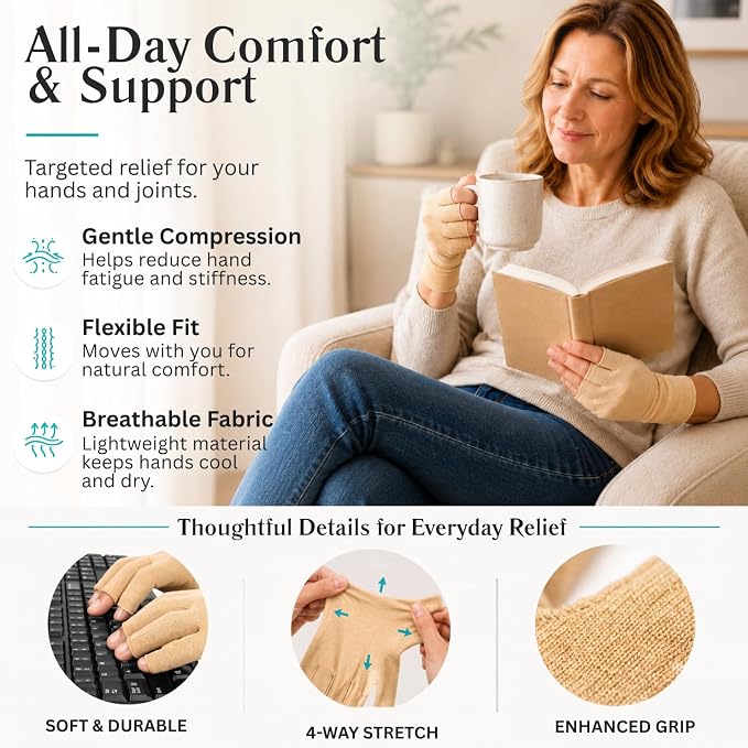 Vive Arthritis Gloves - Men, Women Rheumatoid Compression Hand Glove | Osteoarthritis- Arthritic Joint Pain Relief - Carpal Tunnel Wrist Support - Open Finger, Fingerless Thumb for Computer Typing