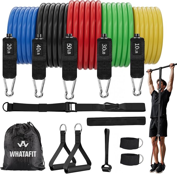 WHATAFIT Resistance Bands with Handles, 5-Level Exercise Bands for Workout | Natural latex,10-50 lbs, stackable to 150,Ankle Straps, Door Anchor,Guide. For Strength, Yoga,Home Gym,Travel & Workout.
