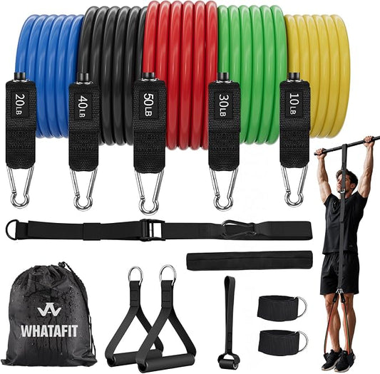 WHATAFIT Resistance Bands with Handles, 5-Level Exercise Bands for Workout | Natural latex,10-50 lbs, stackable to 150,Ankle Straps, Door Anchor,Guide. For Strength, Yoga,Home Gym,Travel & Workout.
