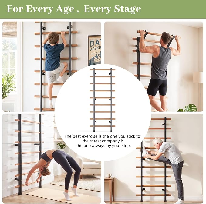DHT Wood Stall Bar, Swedish Ladder Suspension Trainer with 9 Strategic Rods, for Home, Gym, School and Clinics, Black