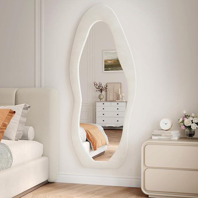 Wall Mirror 56"x24", Irregular Wavy Full Length Mirror | Full Body Mirror with Stand, Flannel Mirror for Bedroom, Living Room, Dressing Room, Entryway, Beige