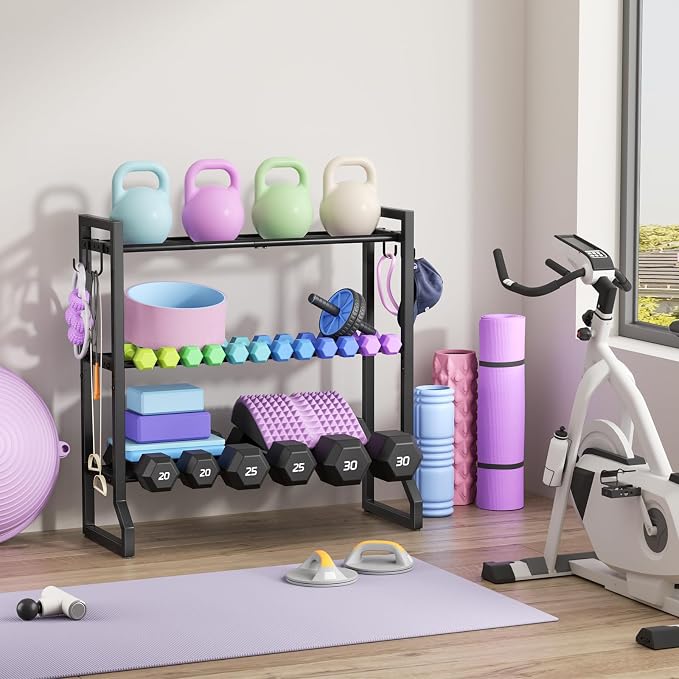 3 Tier Dumbbell Rack, 400LB Weight Rack with 4 Hooks for Home Gym | 1.18"-5.9" Adjustable Width, Anti-Slip Base, 0.04" Thick Tube, Rotatable Leveling Feet, Holds Dumbbells, Yoga Balls