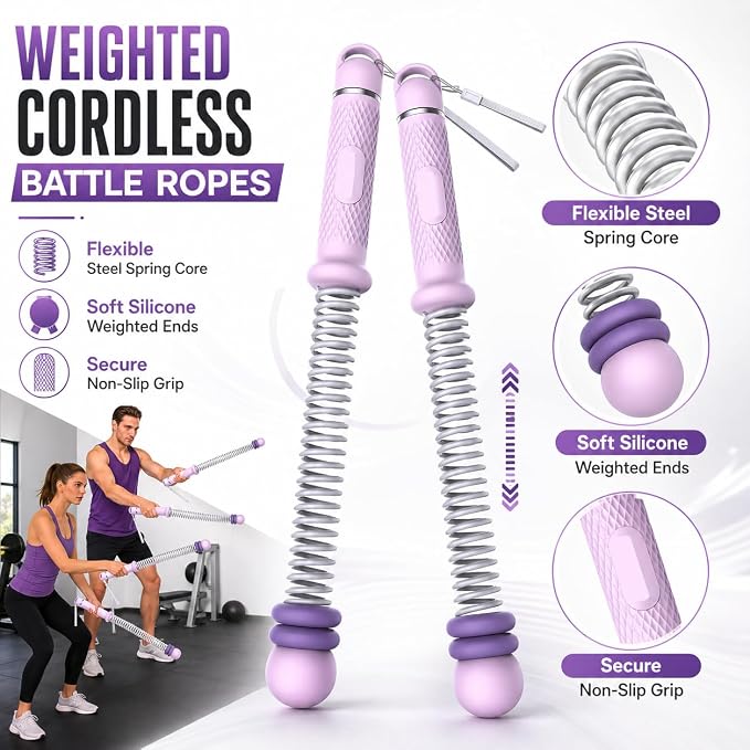 2PCS Weighted Ropeless Battle Ropes for Home Gym, Heavy Duty Arm Exerciser for Strength Training, Portable Battle Rope for Advanced Workouts and Core Muscle Building (Purple)