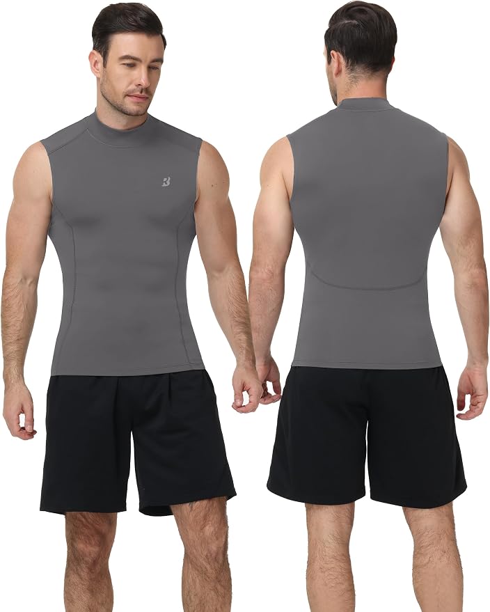 Roadbox Men's Compression Tank Top, Mock Turtleneck Sleeveless Shirt, Fitted Athletic Base Layer for Gym Workout