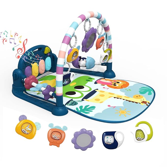 dearlomum Blue Giraffe Theme Baby Play Mat Gym with Kick & Play Piano | Tummy Time Activity Mat with 5 Infant Sensory Toys, Music and Lights, Boy & Girl Gifts for Newborns 0 to 3 6 9 12 Months